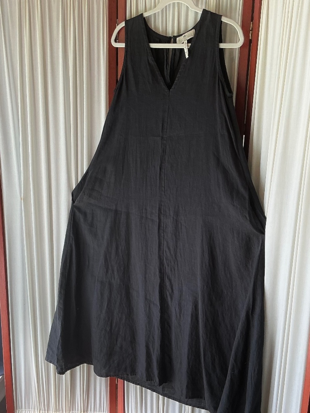Crown Linen Designs Black Linen Maxi Dress V-Neck Side Pockets Size Small